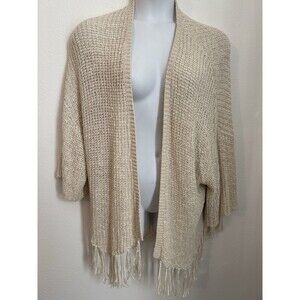 Chelsea 28  Sweater Kimono Cardigan  Women's Ivory Open Knit Fringe Boho L